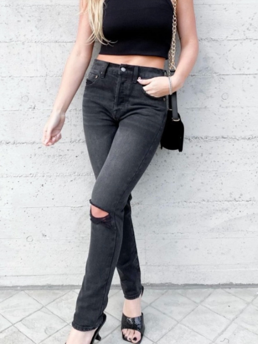 Pistola Distressed Straight Leg Jeans Black Wash Ripped Knee High Rise Sz 29